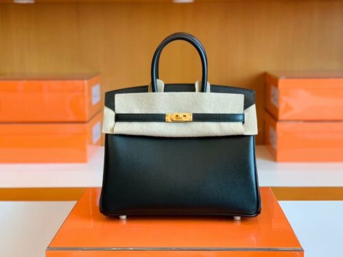 Hermes Birkin Box Leather Black Gold Hardware 25cm Full Handmade