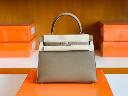 Hermes Kelly Epsom Etoupe Grey Silver Hardware 25cm Full Handmade