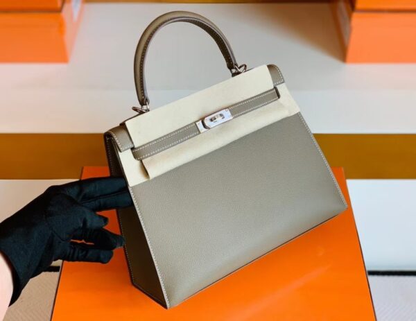 Hermes Kelly Epsom Etoupe Grey Silver Hardware 25cm Full Handmade