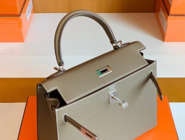 Hermes Kelly Epsom Etoupe Grey Silver Hardware 25cm Full Handmade