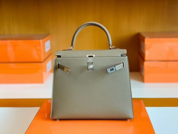 Hermes Kelly Epsom Etoupe Grey Silver Hardware 25cm Full Handmade