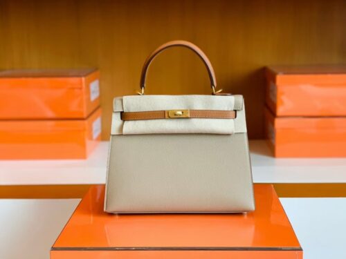 Hermes Kelly Epsom S2 Trench Grey & 37 Golden Brown Gold Hardware 25cm Full Handmade