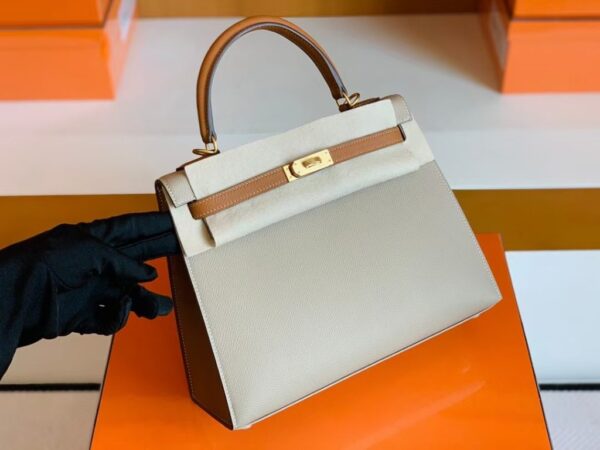 Hermes Kelly Epsom S2 Trench Grey & 37 Golden Brown Gold Hardware 25cm Full Handmade