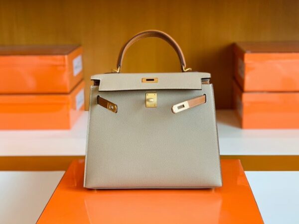 Hermes Kelly Epsom S2 Trench Grey & 37 Golden Brown Gold Hardware 25cm Full Handmade