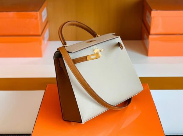 Hermes Kelly Epsom S2 Trench Grey & 37 Golden Brown Gold Hardware 25cm Full Handmade