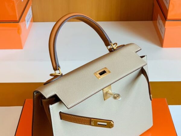 Hermes Kelly Epsom S2 Trench Grey & 37 Golden Brown Gold Hardware 25cm Full Handmade