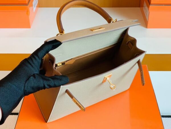 Hermes Kelly Epsom S2 Trench Grey & 37 Golden Brown Gold Hardware 25cm Full Handmade