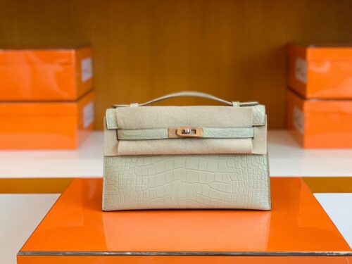 Hermes Mini Kelly pochette Matte Alligator Y1 vanilla Silver Hardware 22cm Full Handmade