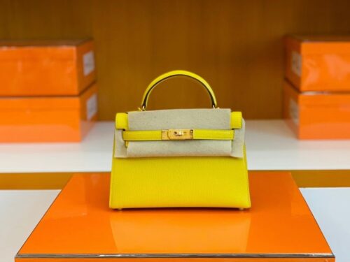 Hermes Mini Kelly Chevre 9O Naples yellow Gold Hardware 19cm Full Handmade
