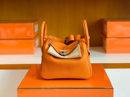 Hermes Mini Lindy TC Leather Orange Silver Hardware 20cm Full Handmade