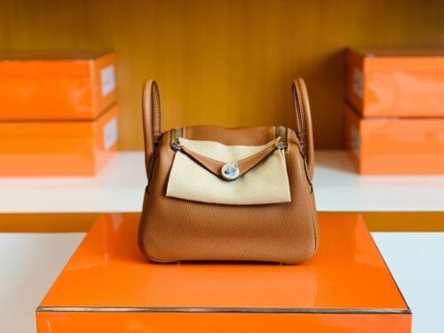 Hermes Mini Lindy TC Leather Golden Brown Silver Hardware 19cm Full Handmade