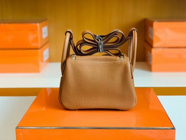 Hermes Mini Lindy TC Leather Golden Brown Silver Hardware 19cm Full Handmade