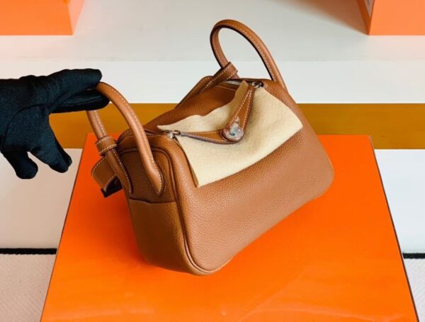 Hermes Mini Lindy TC Leather Golden Brown Silver Hardware 19cm Full Handmade