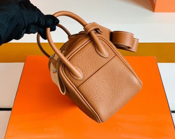 Hermes Mini Lindy TC Leather Golden Brown Silver Hardware 19cm Full Handmade