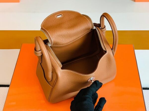 Hermes Mini Lindy TC Leather Golden Brown Silver Hardware 19cm Full Handmade