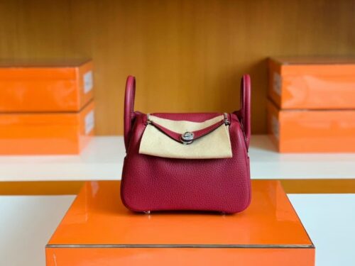 Hermes Mini Lindy TC Leather K1 Garnet red Silver Hardware 19cm Full Handmade