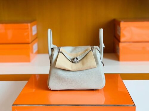 Hermes Mini Lindy TC Leather Pearl grey Silver Hardware 19cm Full Handmade
