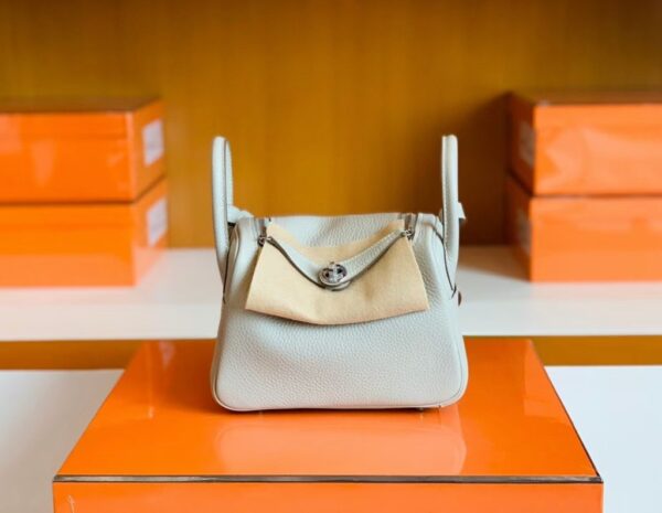 Hermes Mini Lindy TC Leather Pearl grey Silver Hardware 19cm Full Handmade