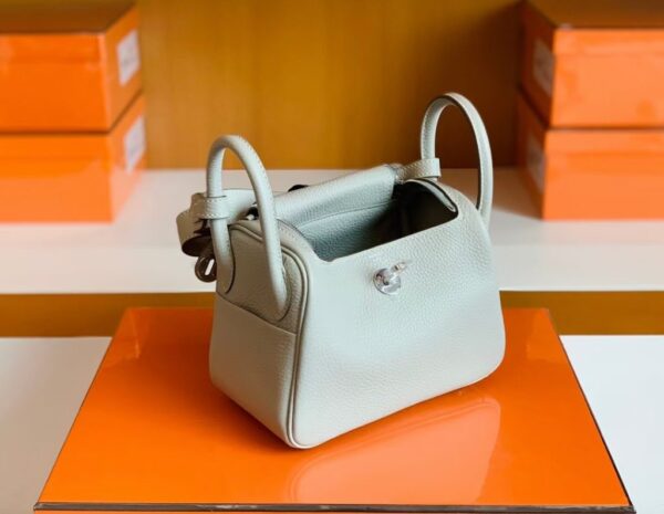Hermes Mini Lindy TC Leather Pearl grey Silver Hardware 19cm Full Handmade