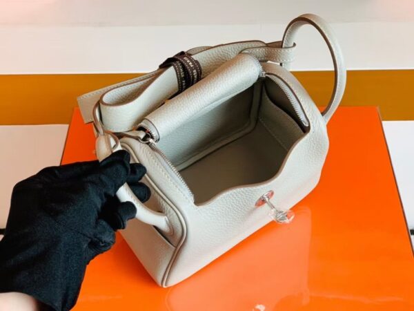 Hermes Mini Lindy TC Leather Pearl grey Silver Hardware 19cm Full Handmade