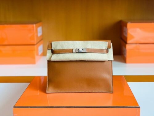 Hermes Kelly dance Evercolor Leather Golden Brown Silver Hardware 22cm Full Handmade