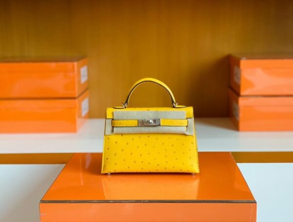 mmexport1679966261548-1024x774-1 Hermes Mini Kelly Ostrich Leather Lemon yellow Silver Hardware 19cm Full Handmade