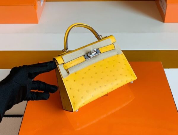 mmexport1679966264472-1024x774-1 Hermes Mini Kelly Ostrich Leather Lemon yellow Silver Hardware 19cm Full Handmade