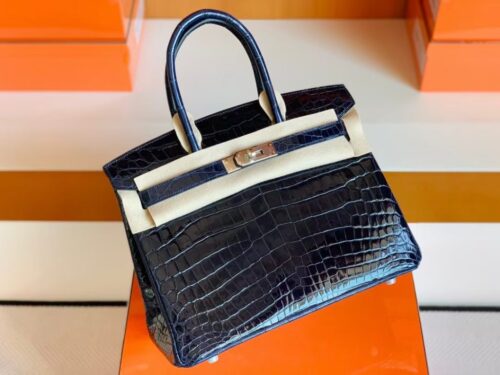 Hermes Birkin BLUE NUIT Shiny crocodile 2Z Dark Deep Blue Silver Hardware 30cm Full Handmade