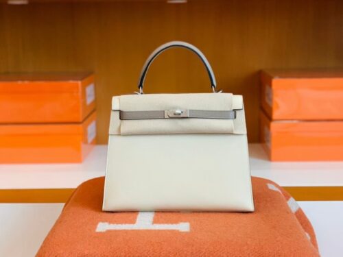 Hermes Kelly Epsom M8 gris ashpite & 10 Craie White Silver Hardware 25cm Full Handmade