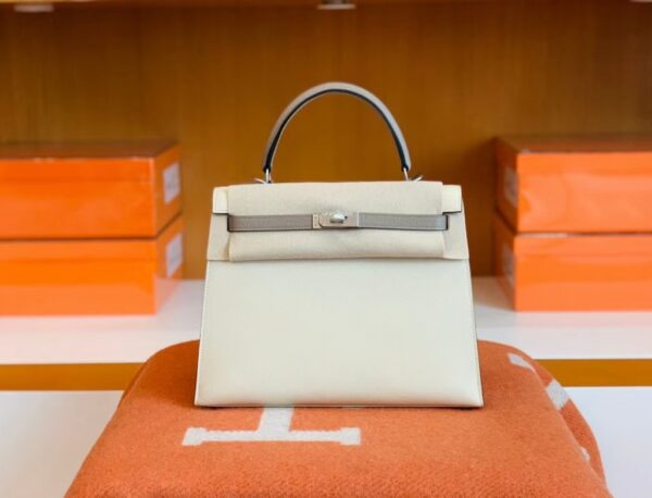 Hermes Kelly Epsom M8 gris ashpite & 10 Craie White Silver Hardware 25cm Full Handmade