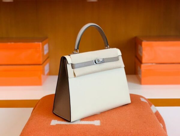 Hermes Kelly Epsom M8 gris ashpite & 10 Craie White Silver Hardware 25cm Full Handmade
