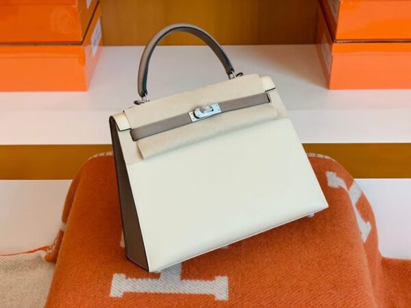 Hermes Kelly Epsom M8 gris ashpite & 10 Craie White Silver Hardware 25cm Full Handmade