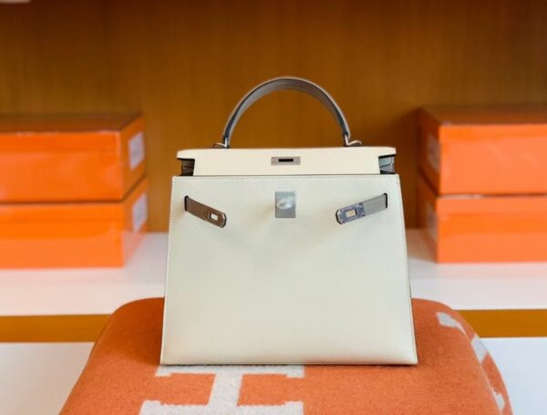 Hermes Kelly Epsom M8 gris ashpite & 10 Craie White Silver Hardware 25cm Full Handmade