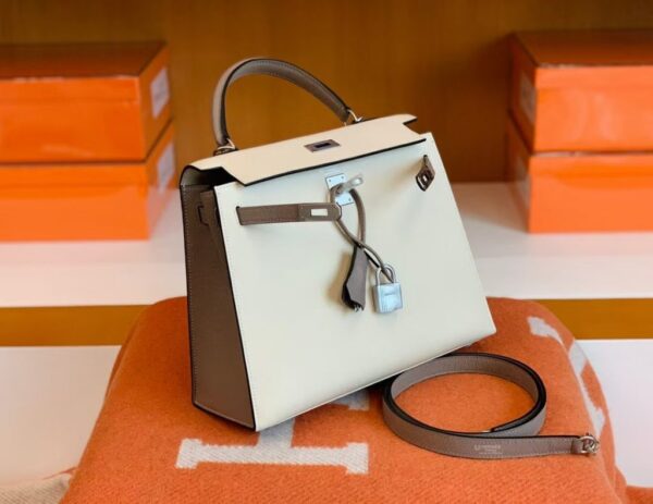 Hermes Kelly Epsom M8 gris ashpite & 10 Craie White Silver Hardware 25cm Full Handmade