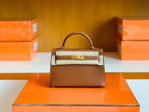 Hermes Mini Kelly Chevre Leather Saddle Brown Gold Hardware 19cm Full Handmade