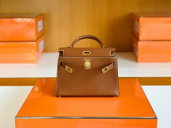 mmexport1679967044336-1024x768-1 Hermes Mini Kelly Chevre Leather Saddle Brown Gold Hardware 19cm Full Handmade