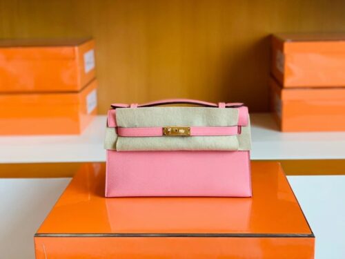 Hermes Mini Kelly Pochette Epsom 1Q Creamy Pink Gold Hardware 22cm Full Handmade