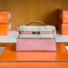 Hermes Mini Kelly Pochette Ostrich Leather CK94 sakura pink Silver Hardware 22cm Full Handmade