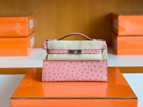 Hermes Mini Kelly Pochette Ostrich Leather CK94 sakura pink Silver Hardware 22cm Full Handmade
