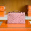 Hermes Mini Kelly Pochette Ostrich Leather CK94 sakura pink Silver Hardware 22cm Full Handmade