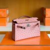 Hermes Mini Kelly Pochette Ostrich Leather CK94 sakura pink Silver Hardware 22cm Full Handmade