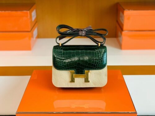Hermes Constance Shiny Alligator crocodile 6Q jade green Gold Hardware 18cm Full Handmade