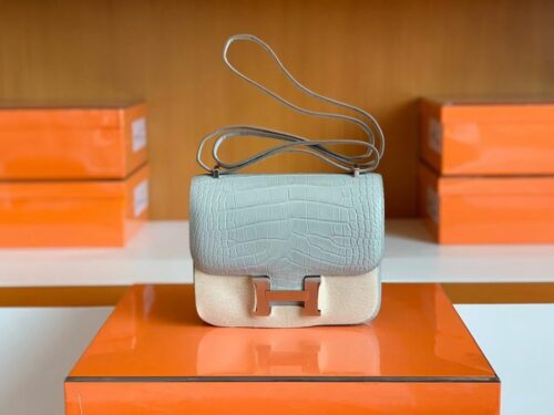Hermes Constance Matte Alligator crocodile Pearl grey Silver Hardware 18cm Full Handmade
