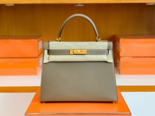 Hermes Kelly Epsom Etoupe Grey Gold Hardware 28cm Full Handmade