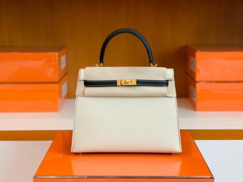 Hermes Kelly Epsom Creamy White & Black Gold Hardware 25cm Full Handmade