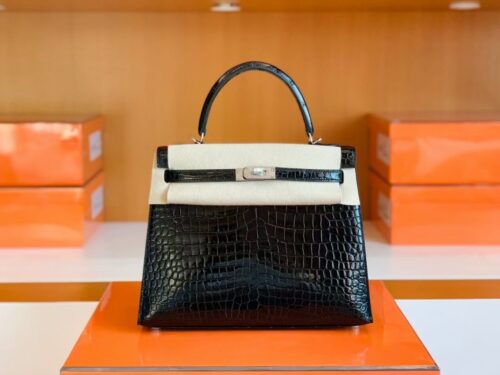 Hermes Kelly Shiny Porosus crocodile Black Silver Hardware 25cm Full Handmade