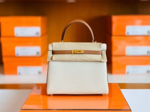 Hermes Kelly Togo Creamy White & Golden Brown Gold Hardware 25cm Full Handmade