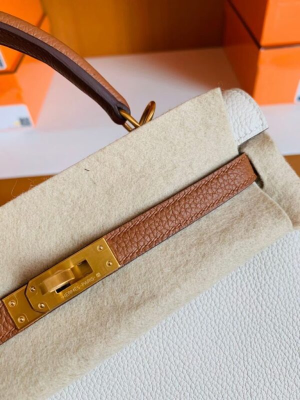 mmexport1683596008643-768x1024-1 Hermes Kelly Togo Creamy White & Golden Brown Gold Hardware 25cm Full Handmade