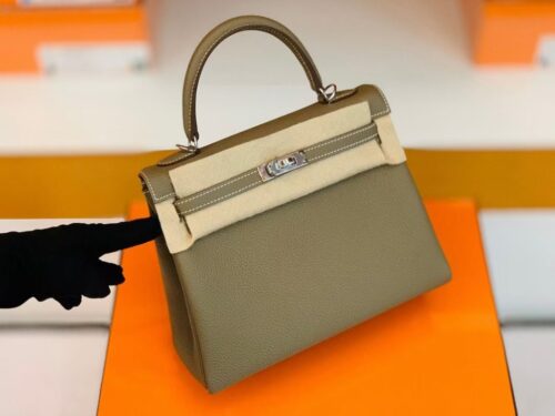 Hermes Kelly Togo etoupe grey Silver Hardware 25cm Full Handmade