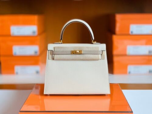 Hermes Kelly Epsom Creamy White & s2 Trench Grey Gold Hardware 25cm Full Handmade